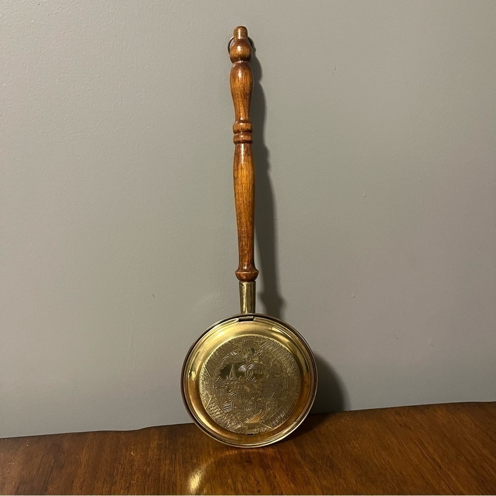 Antique Brass Bed Warmer,  Wood Handle, Japanese design